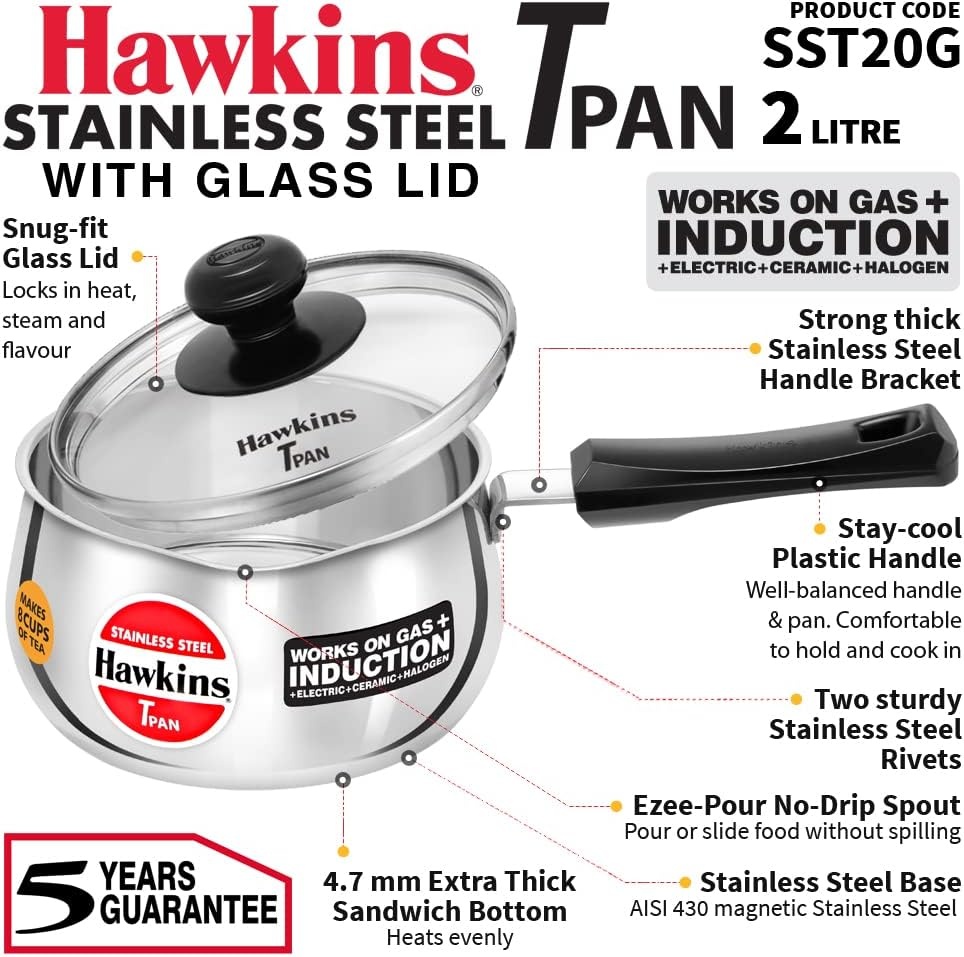 image:imageHawkins Tpan Stainless Steel Tea Pan with Glass Lid Induction Sauce Pan Chai Pan Saucepan Silver SST20G 2 Litre
