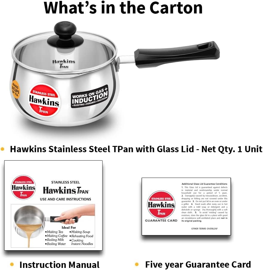 image:imageHawkins Tpan Stainless Steel Tea Pan with Glass Lid Induction Sauce Pan Chai Pan Saucepan Silver SST20G 2 Litre