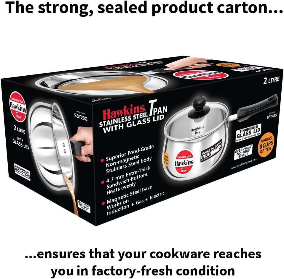 image:imageHawkins Tpan Stainless Steel Tea Pan with Glass Lid Induction Sauce Pan Chai Pan Saucepan Silver SST20G 2 Litre