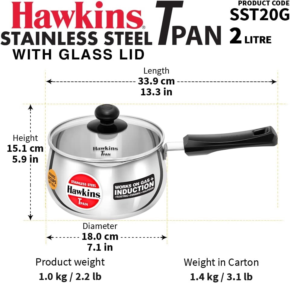 image:imageHawkins Tpan Stainless Steel Tea Pan with Glass Lid Induction Sauce Pan Chai Pan Saucepan Silver SST20G 2 Litre