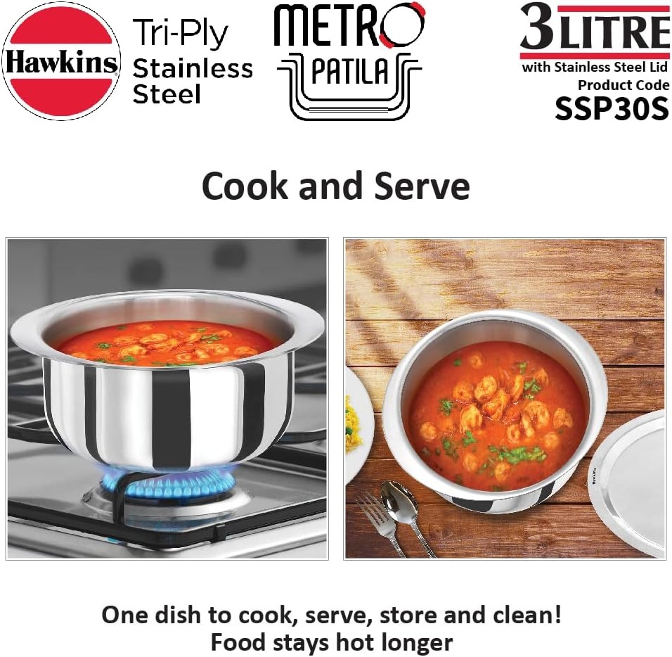 image:imageHAWKINS 3 Litre Metro Patila Triply Stainless Steel Tope with Stainless Steel Lid Induction Bhagona Tapeli Silver SSP30S