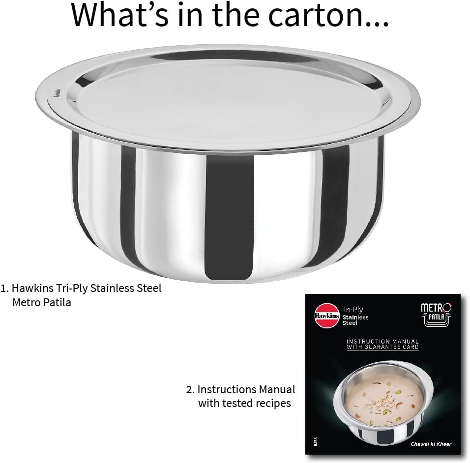 image:imageHAWKINS 3 Litre Metro Patila Triply Stainless Steel Tope with Stainless Steel Lid Induction Bhagona Tapeli Silver SSP30S