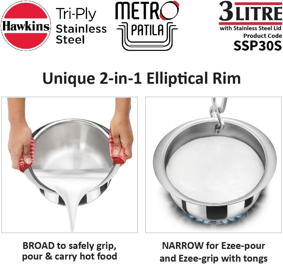 image:imageHAWKINS 3 Litre Metro Patila Triply Stainless Steel Tope with Stainless Steel Lid Induction Bhagona Tapeli Silver SSP30S