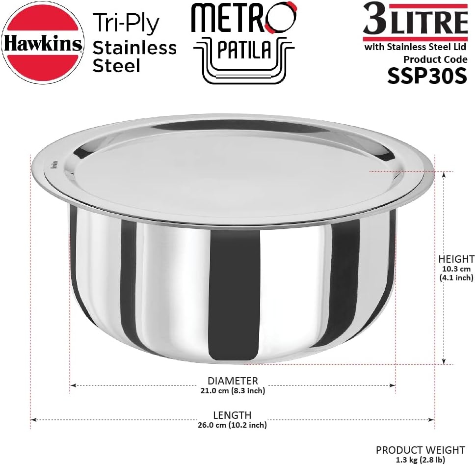 image:imageHAWKINS 3 Litre Metro Patila Triply Stainless Steel Tope with Stainless Steel Lid Induction Bhagona Tapeli Silver SSP30S