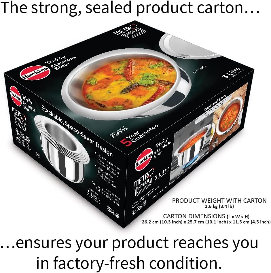 image:imageHAWKINS 3 Litre Metro Patila Triply Stainless Steel Tope with Stainless Steel Lid Induction Bhagona Tapeli Silver SSP30S