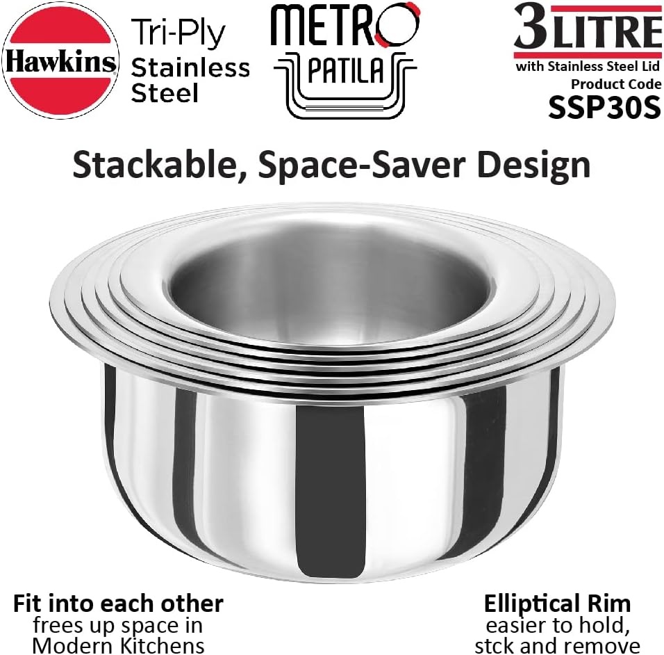 image:imageHAWKINS 3 Litre Metro Patila Triply Stainless Steel Tope with Stainless Steel Lid Induction Bhagona Tapeli Silver SSP30S