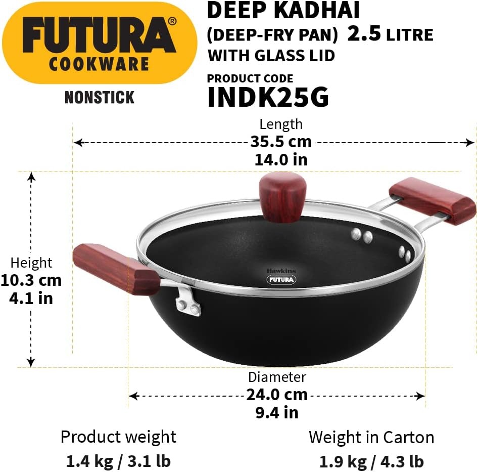 image:imageHAWKINS Futura 35 Litre Deep Kadhai Non Stick Kadai with Stainless Steel Lid Flat Bottom Induction Kadhai Black INK35S25 Litre