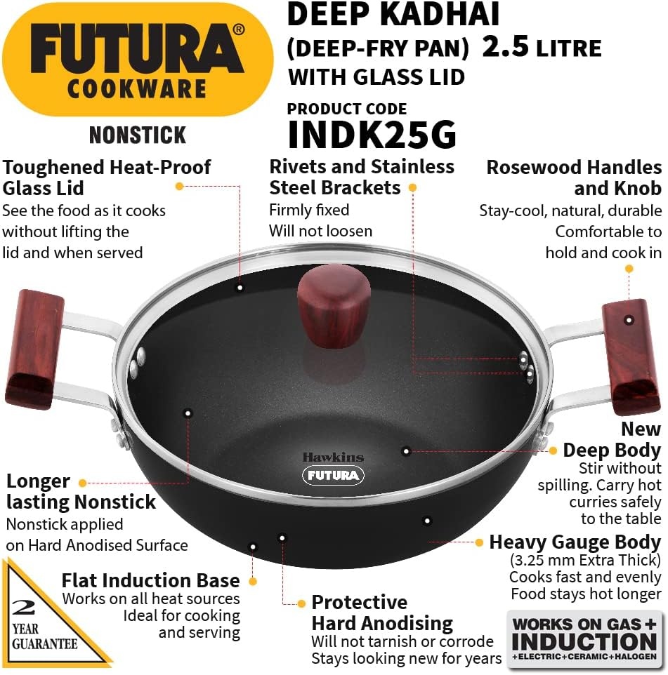 image:imageHAWKINS Futura 35 Litre Deep Kadhai Non Stick Kadai with Stainless Steel Lid Flat Bottom Induction Kadhai Black INK35S25 Litre