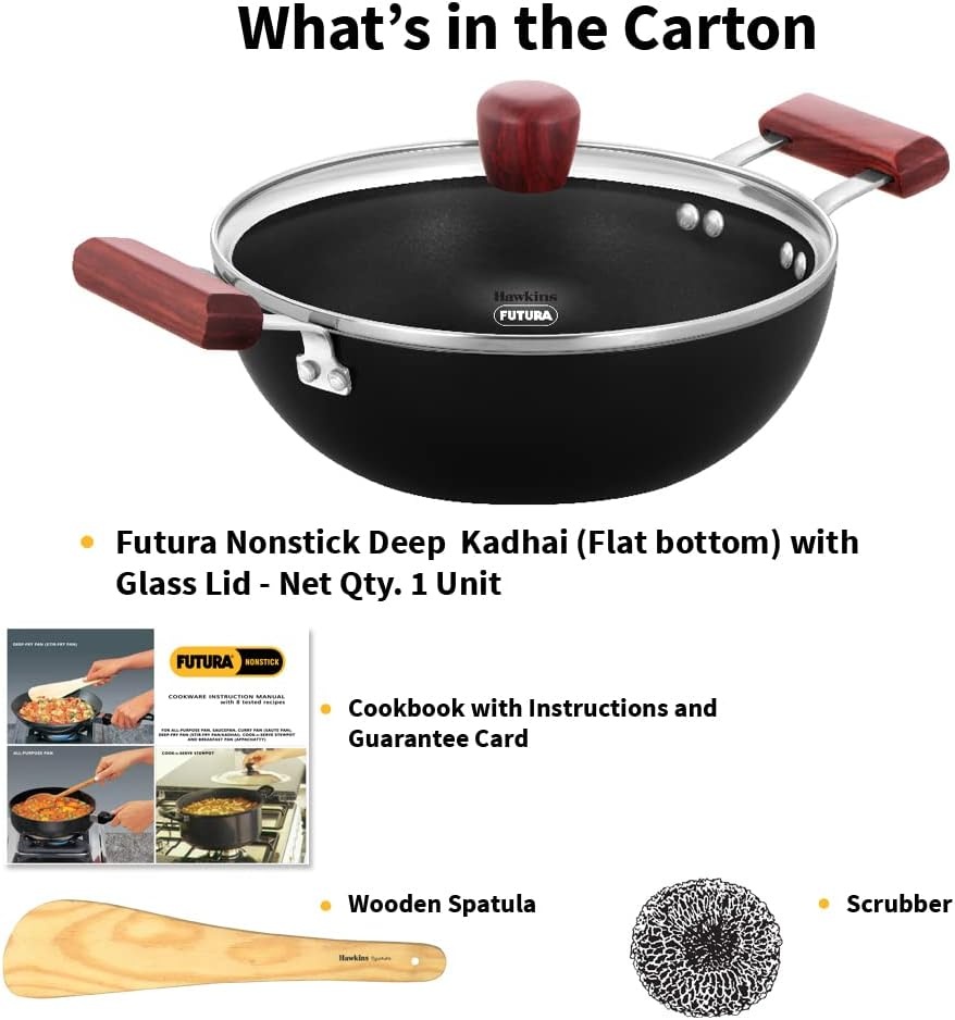 image:imageHAWKINS Futura 35 Litre Deep Kadhai Non Stick Kadai with Stainless Steel Lid Flat Bottom Induction Kadhai Black INK35S25 Litre