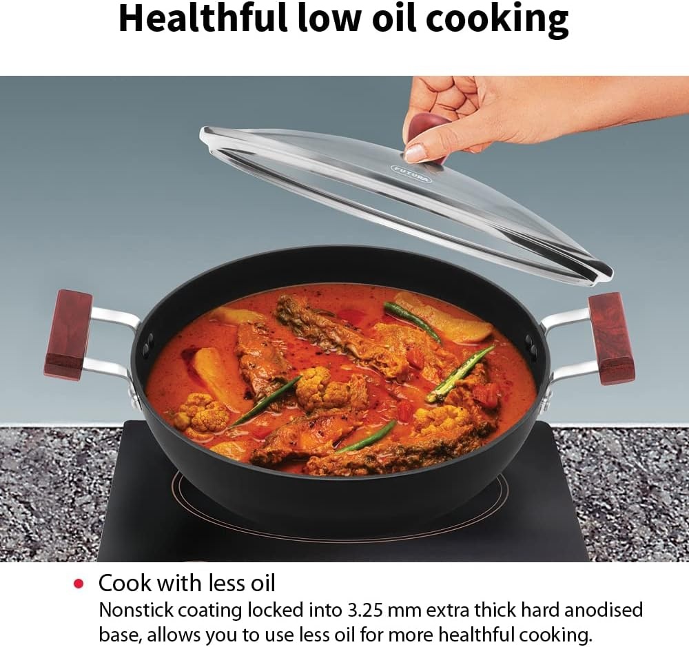 image:imageHAWKINS Futura 35 Litre Deep Kadhai Non Stick Kadai with Stainless Steel Lid Flat Bottom Induction Kadhai Black INK35S25 Litre