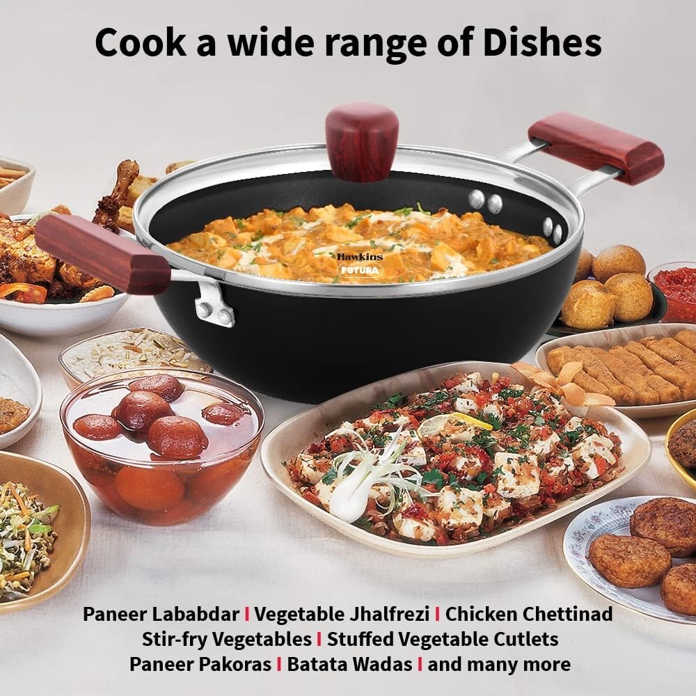 image:imageHAWKINS Futura 35 Litre Deep Kadhai Non Stick Kadai with Stainless Steel Lid Flat Bottom Induction Kadhai Black INK35S25 Litre