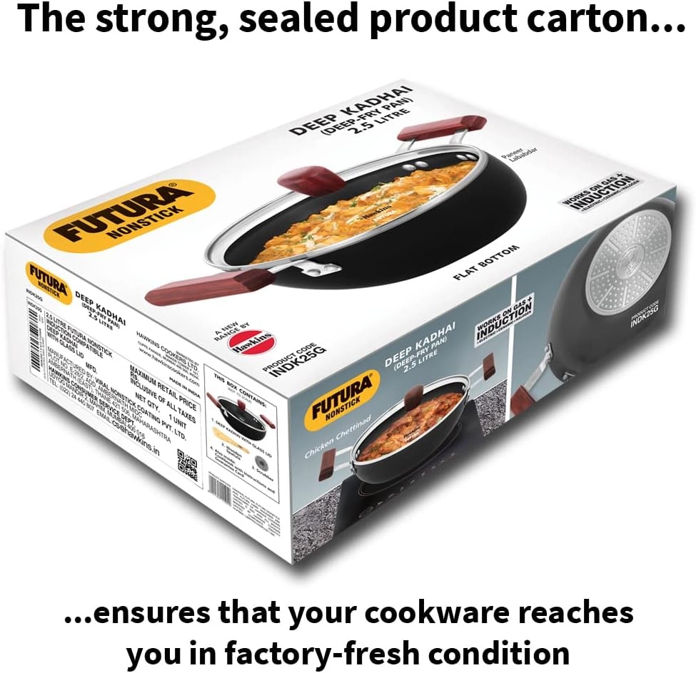 image:imageHAWKINS Futura 35 Litre Deep Kadhai Non Stick Kadai with Stainless Steel Lid Flat Bottom Induction Kadhai Black INK35S25 Litre