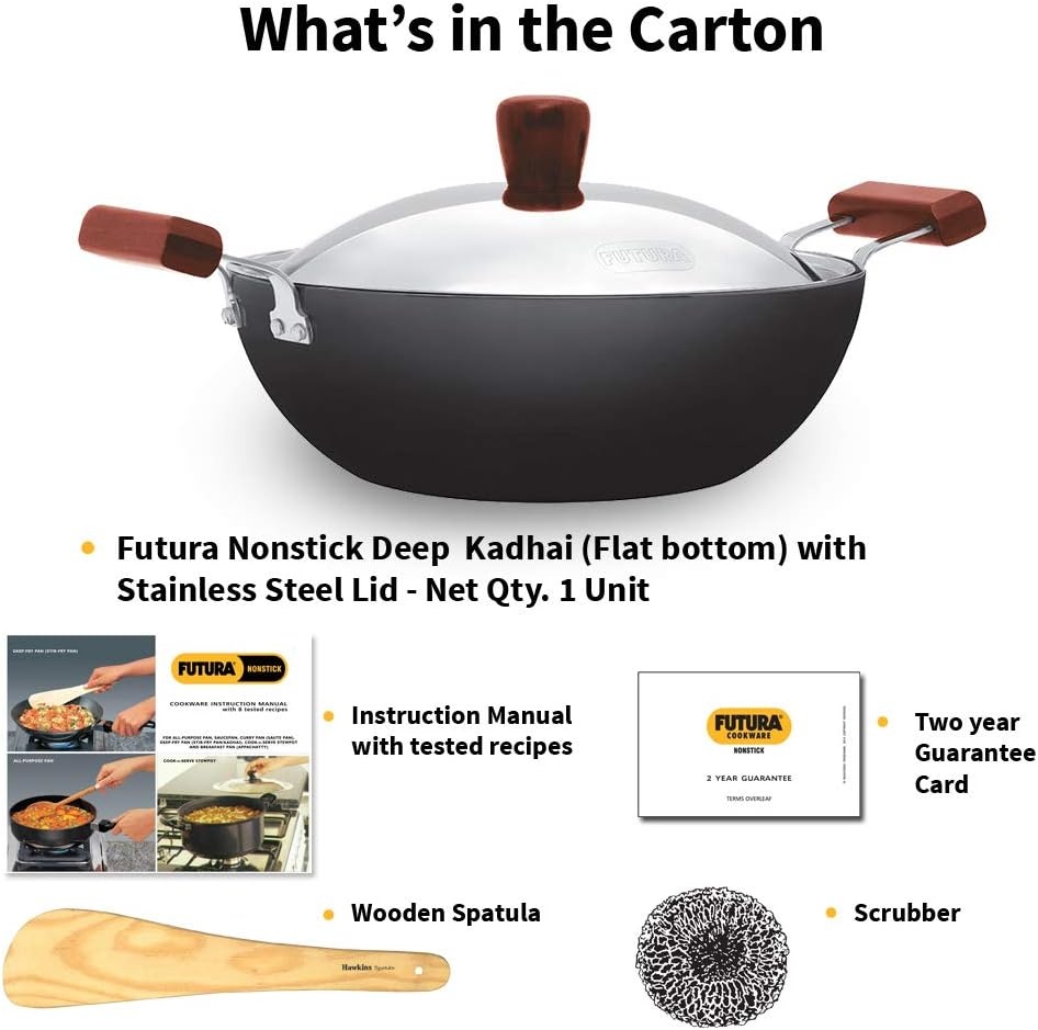 image:imageHAWKINS Futura 35 Litre Deep Kadhai Non Stick Kadai with Stainless Steel Lid Flat Bottom Induction Kadhai Black INK35S35 Litre