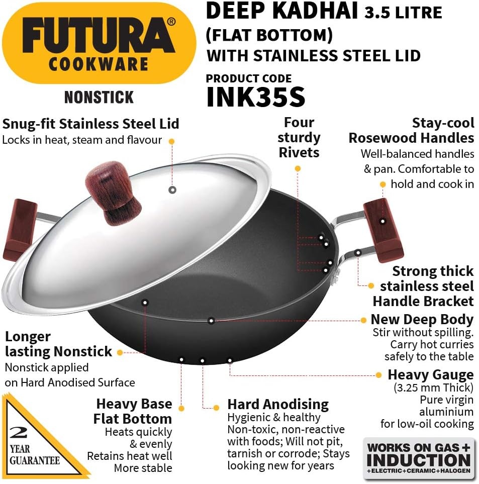 image:imageHAWKINS Futura 35 Litre Deep Kadhai Non Stick Kadai with Stainless Steel Lid Flat Bottom Induction Kadhai Black INK35S35 Litre
