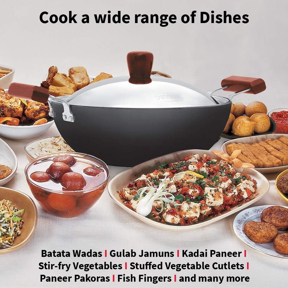 image:imageHAWKINS Futura 35 Litre Deep Kadhai Non Stick Kadai with Stainless Steel Lid Flat Bottom Induction Kadhai Black INK35S35 Litre
