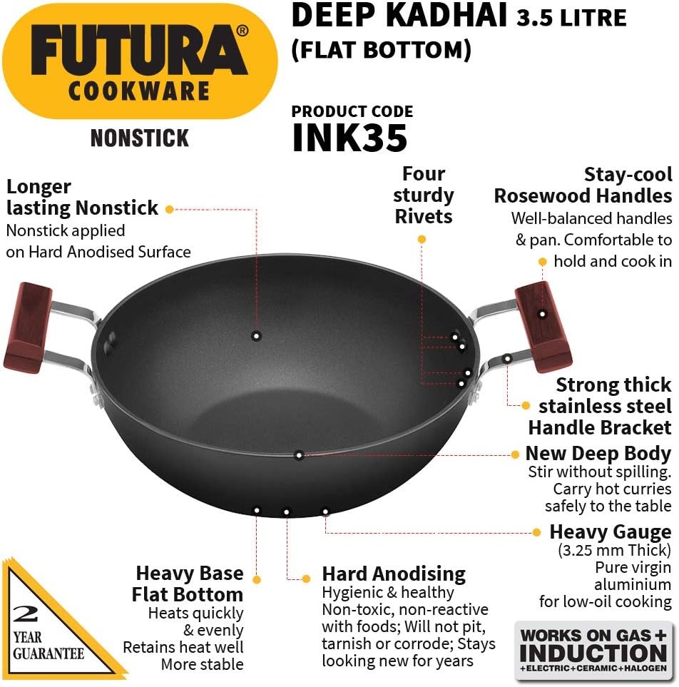 image:imageHAWKINS Futura 35 Litre Deep Kadhai Non Stick Kadai with Stainless Steel Lid Flat Bottom Induction Kadhai Black INK35S35 Litre
