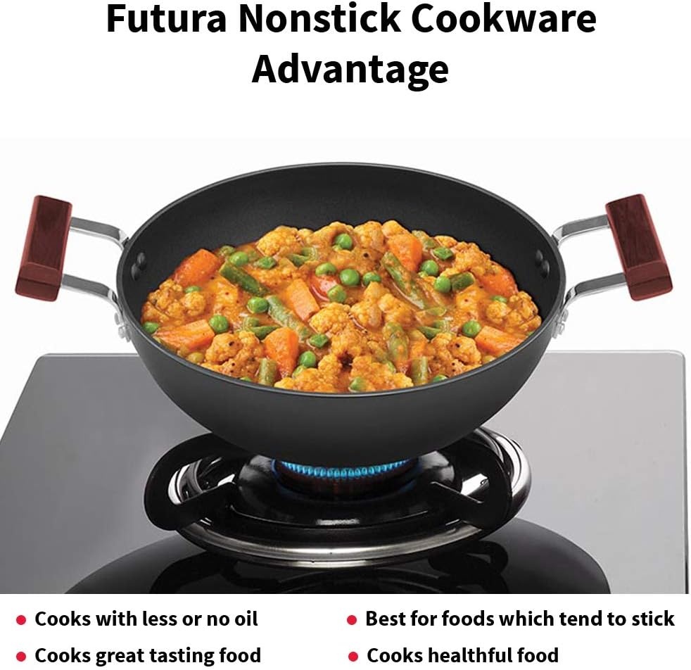 image:imageHAWKINS Futura 35 Litre Deep Kadhai Non Stick Kadai with Stainless Steel Lid Flat Bottom Induction Kadhai Black INK35S35 Litre