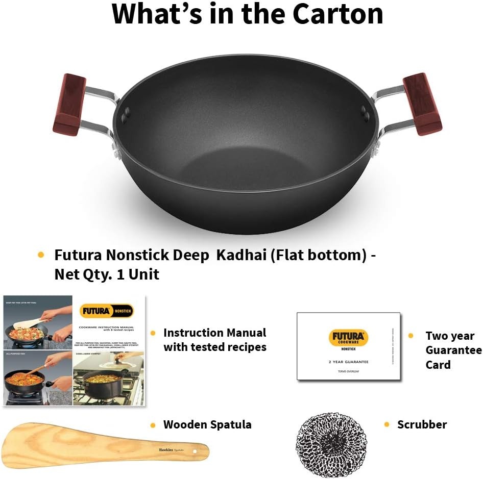 image:imageHAWKINS Futura 35 Litre Deep Kadhai Non Stick Kadai with Stainless Steel Lid Flat Bottom Induction Kadhai Black INK35S35 Litre