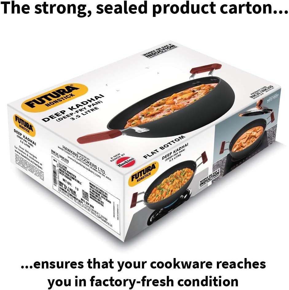 image:imageHAWKINS Futura 35 Litre Deep Kadhai Non Stick Kadai with Stainless Steel Lid Flat Bottom Induction Kadhai Black INK35S35 Litre