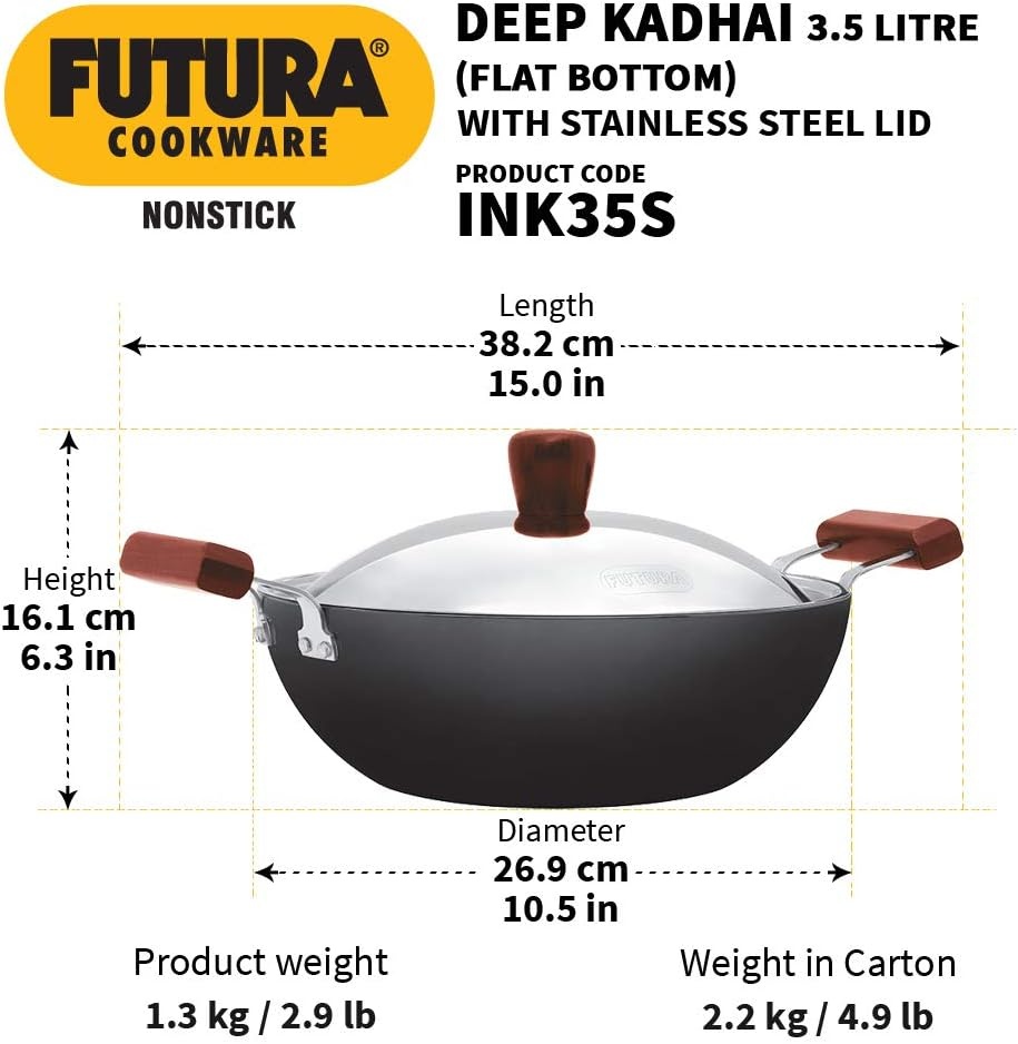 image:imageHAWKINS Futura 35 Litre Deep Kadhai Non Stick Kadai with Stainless Steel Lid Flat Bottom Induction Kadhai Black INK35S35 Litre