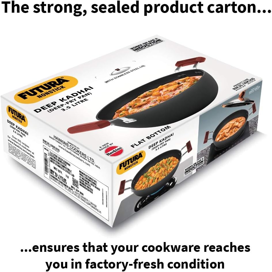 image:imageHAWKINS Futura 35 Litre Deep Kadhai Non Stick Kadai with Stainless Steel Lid Flat Bottom Induction Kadhai Black INK35S35 Litre