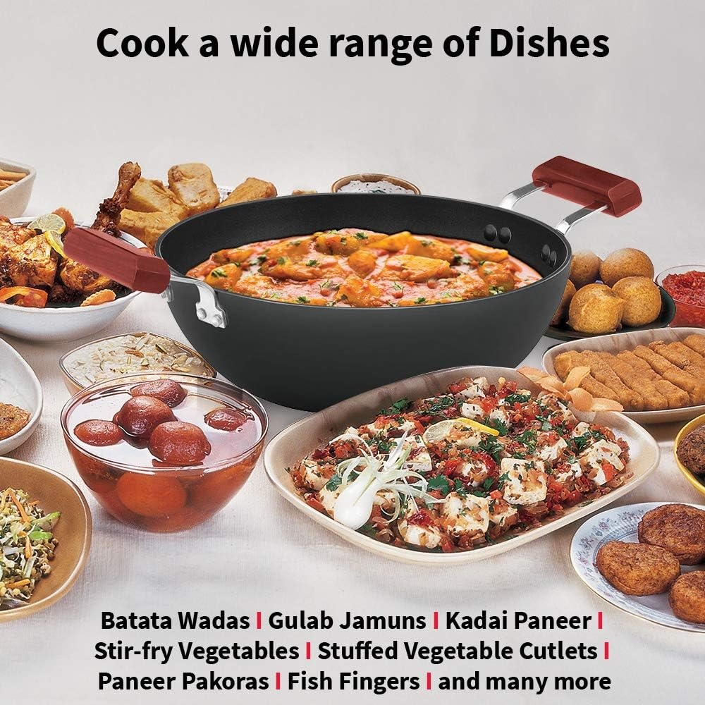 image:imageHAWKINS Futura 35 Litre Deep Kadhai Non Stick Kadai with Stainless Steel Lid Flat Bottom Induction Kadhai Black INK35S35 Litre