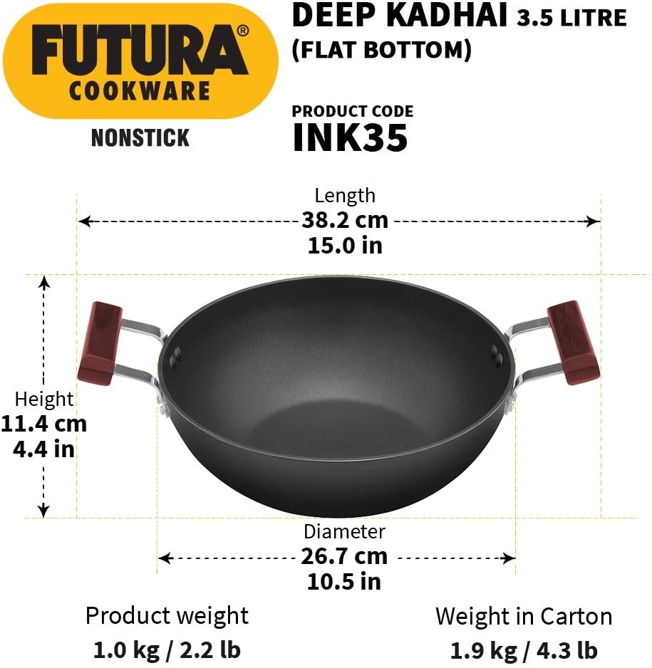 image:imageHAWKINS Futura 35 Litre Deep Kadhai Non Stick Kadai with Stainless Steel Lid Flat Bottom Induction Kadhai Black INK35S35 Litre