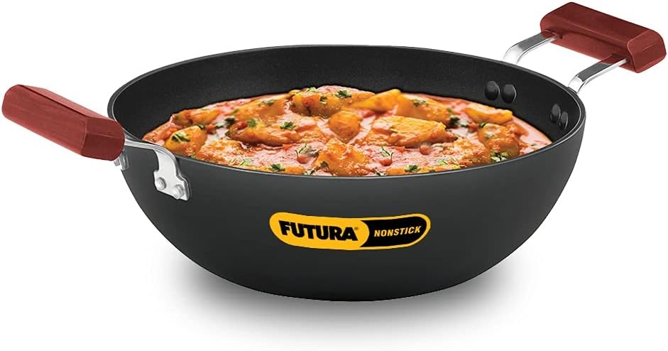 image:imageHAWKINS Futura 35 Litre Deep Kadhai Non Stick Kadai with Stainless Steel Lid Flat Bottom Induction Kadhai Black INK35S35 Litre