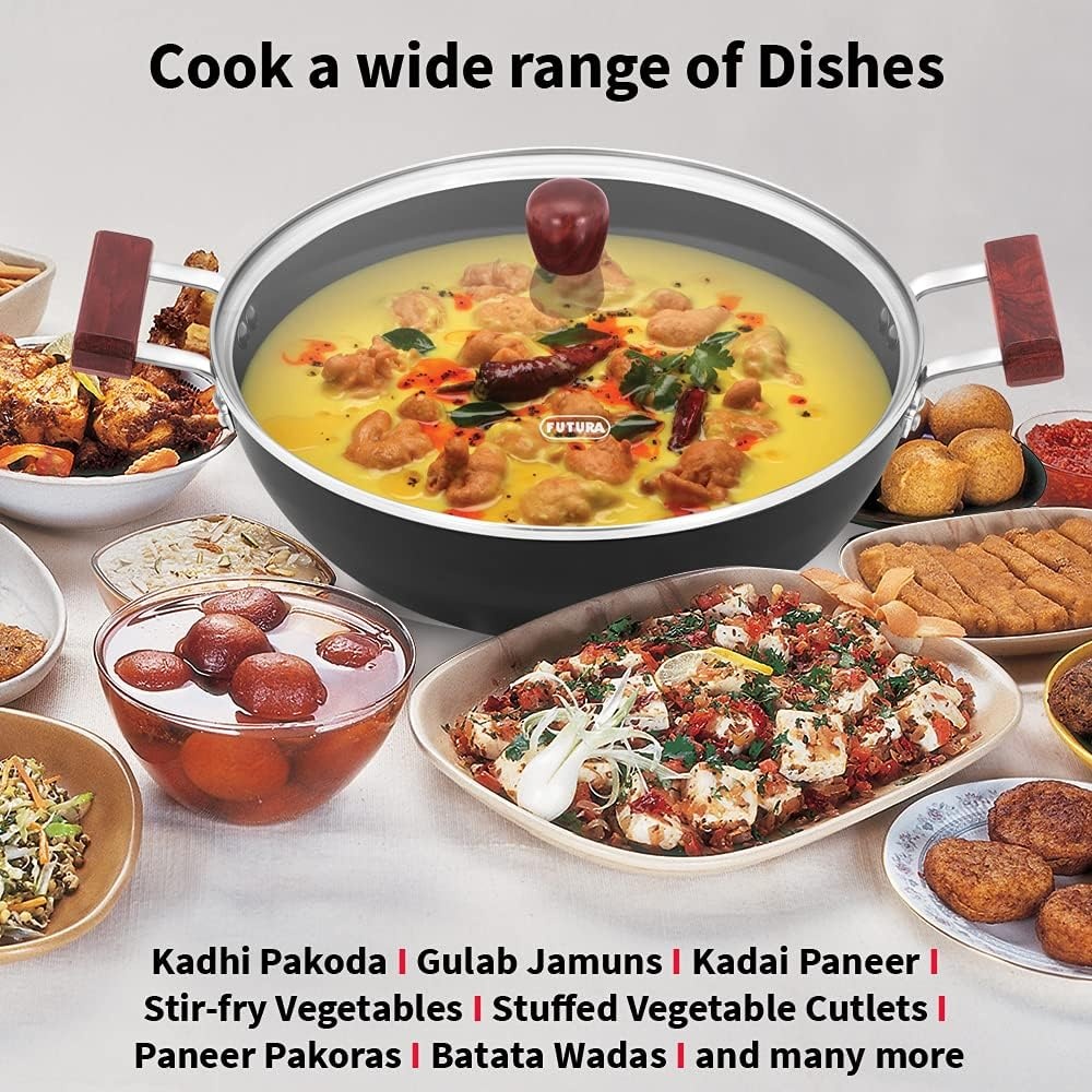 image:imageHAWKINS Futura 35 Litre Deep Kadhai Non Stick Kadai with Stainless Steel Lid Flat Bottom Induction Kadhai Black INK35S5 Litre
