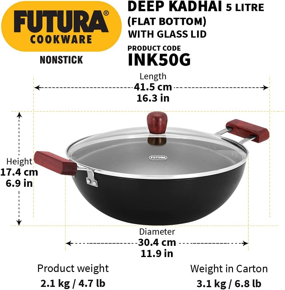 image:imageHAWKINS Futura 35 Litre Deep Kadhai Non Stick Kadai with Stainless Steel Lid Flat Bottom Induction Kadhai Black INK35S5 Litre