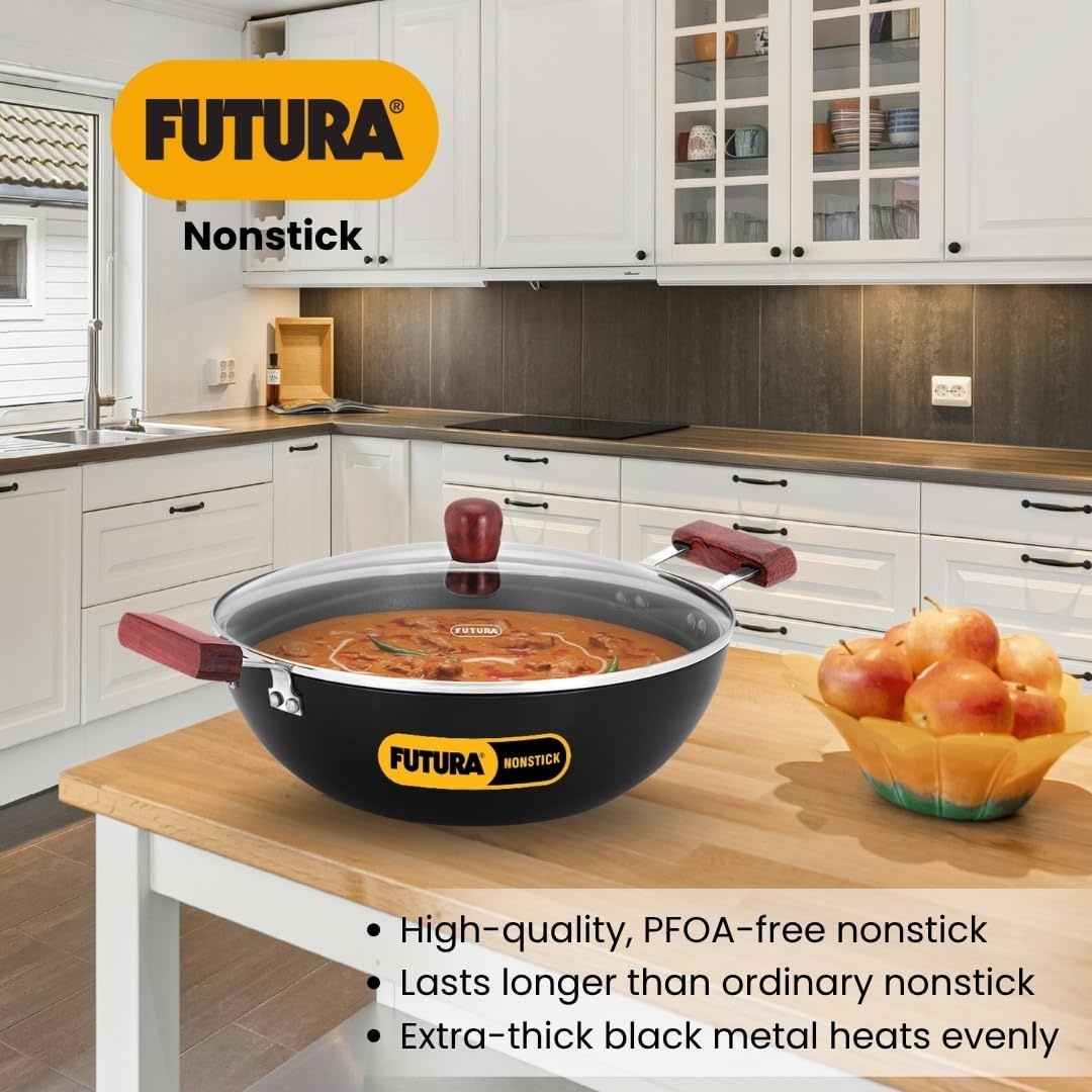 image:imageHAWKINS Futura 35 Litre Deep Kadhai Non Stick Kadai with Stainless Steel Lid Flat Bottom Induction Kadhai Black INK35S5 Litre