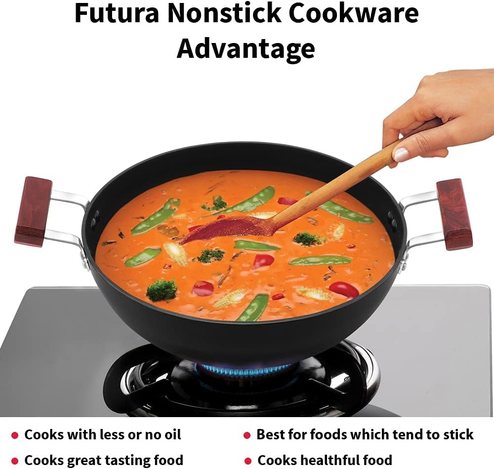 image:imageHAWKINS Futura 35 Litre Deep Kadhai Non Stick Kadai with Stainless Steel Lid Flat Bottom Induction Kadhai Black INK35S5 Litre