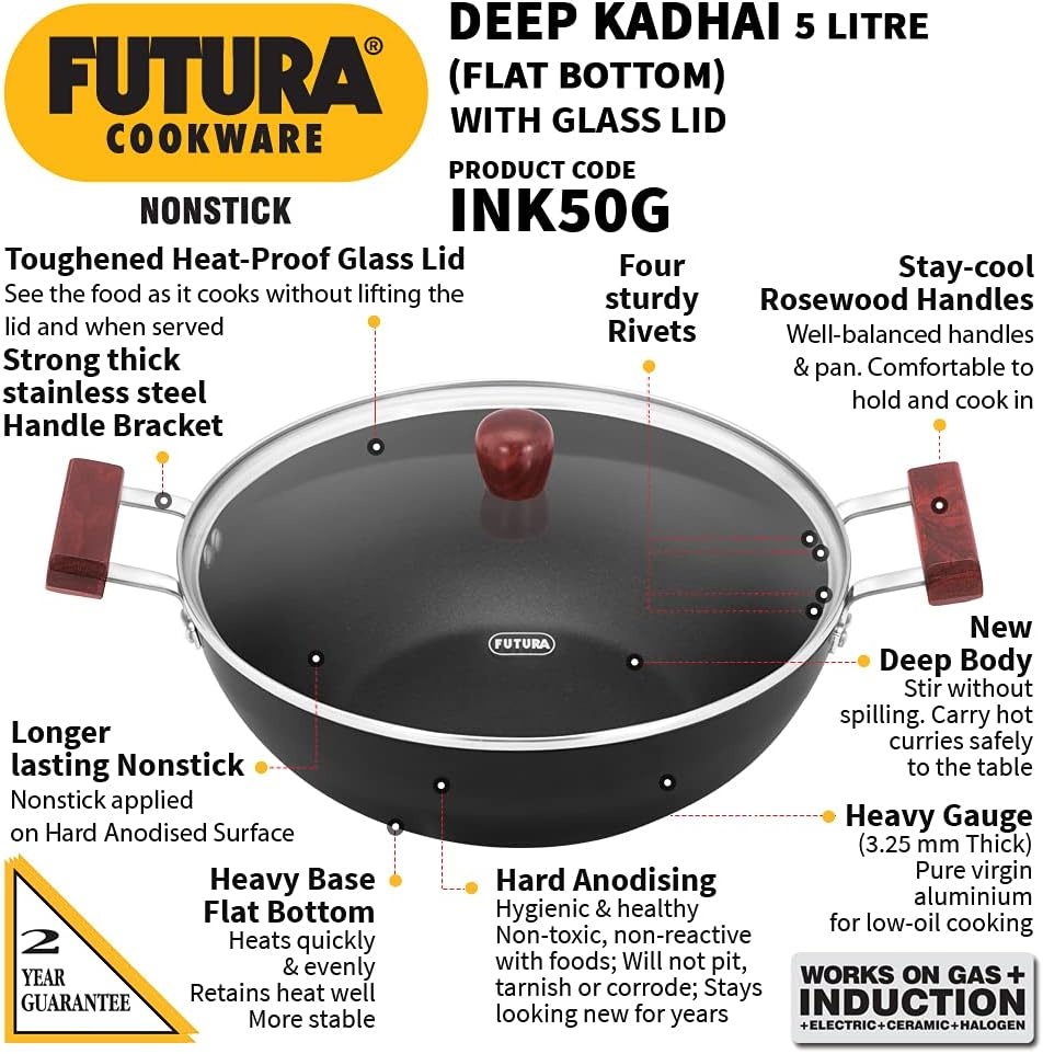 image:imageHAWKINS Futura 35 Litre Deep Kadhai Non Stick Kadai with Stainless Steel Lid Flat Bottom Induction Kadhai Black INK35S5 Litre