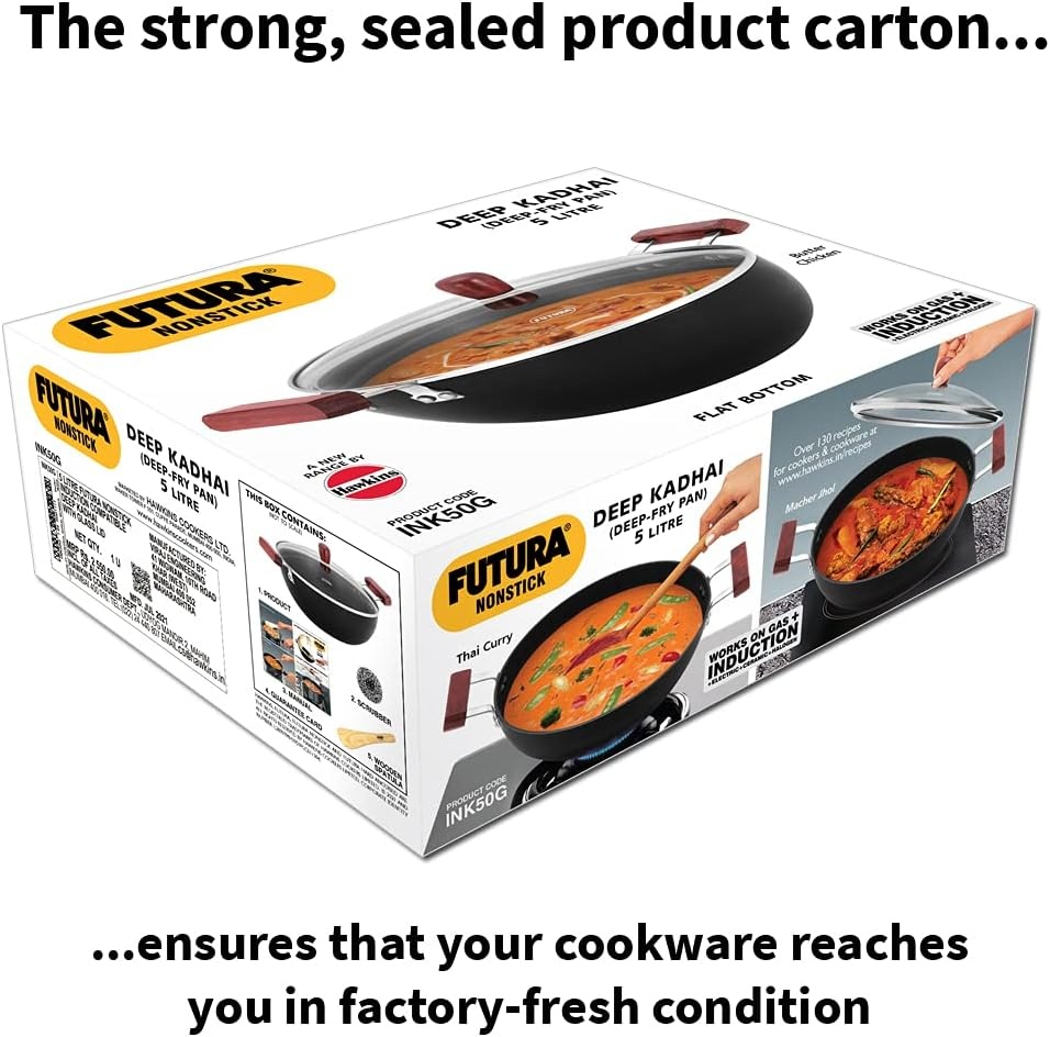 image:imageHAWKINS Futura 35 Litre Deep Kadhai Non Stick Kadai with Stainless Steel Lid Flat Bottom Induction Kadhai Black INK35S5 Litre