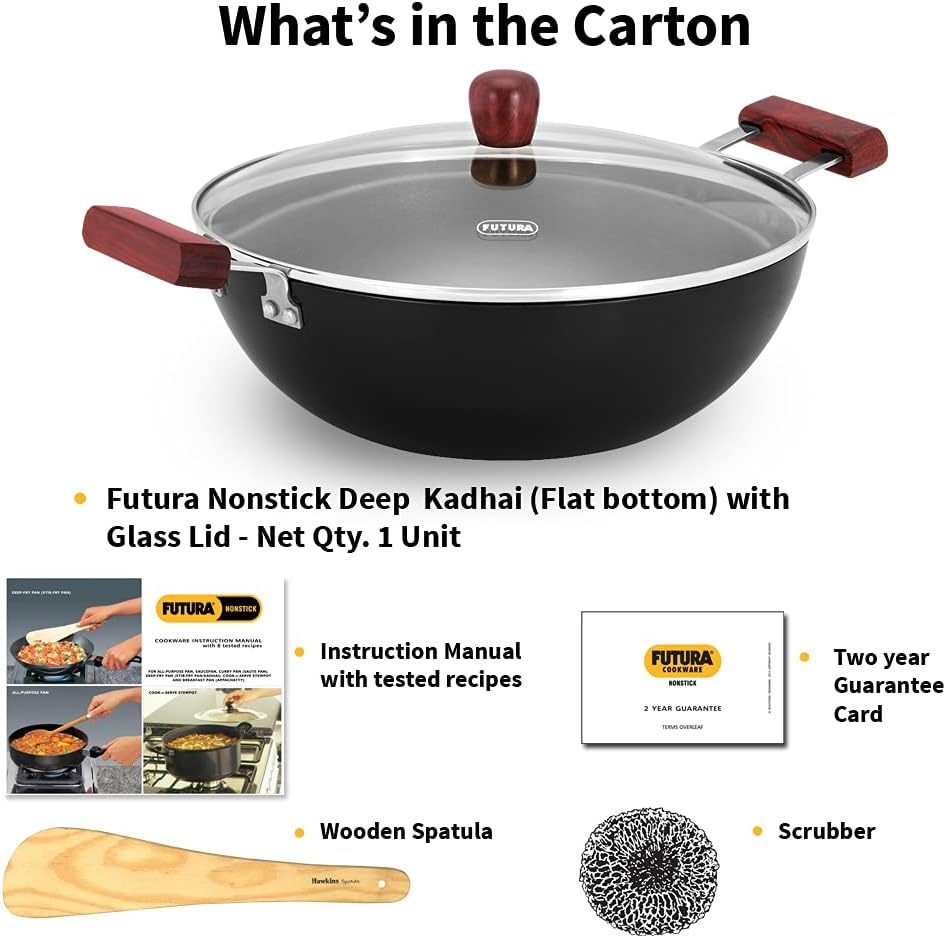 image:imageHAWKINS Futura 35 Litre Deep Kadhai Non Stick Kadai with Stainless Steel Lid Flat Bottom Induction Kadhai Black INK35S5 Litre