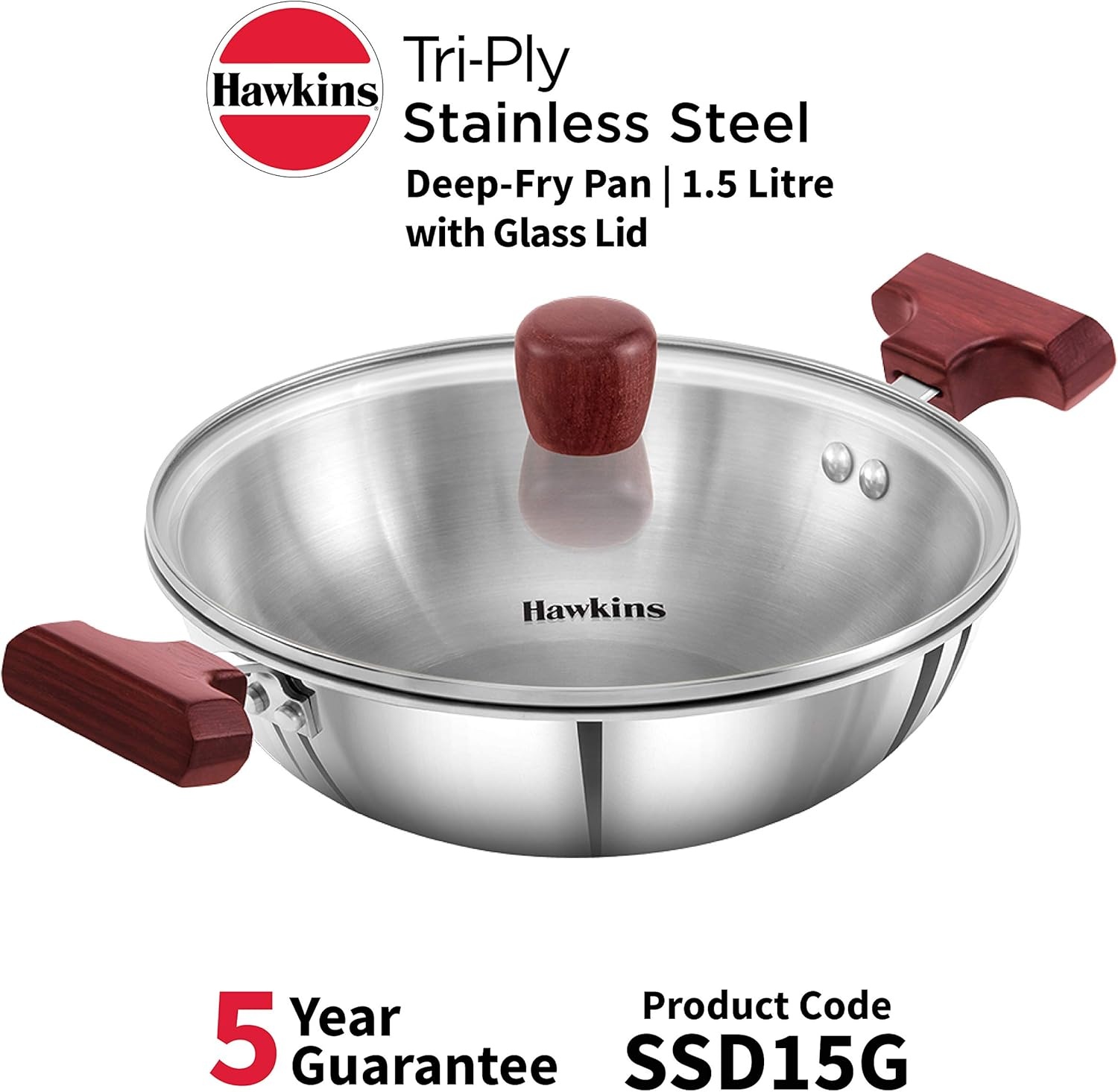 image:imageHawkins 15 Litre Deep Fry Pan Triply Stainless Steel Kadai with Glass Lid Flat Bottom Induction Kadhai Small Kadai Silver SSD15G