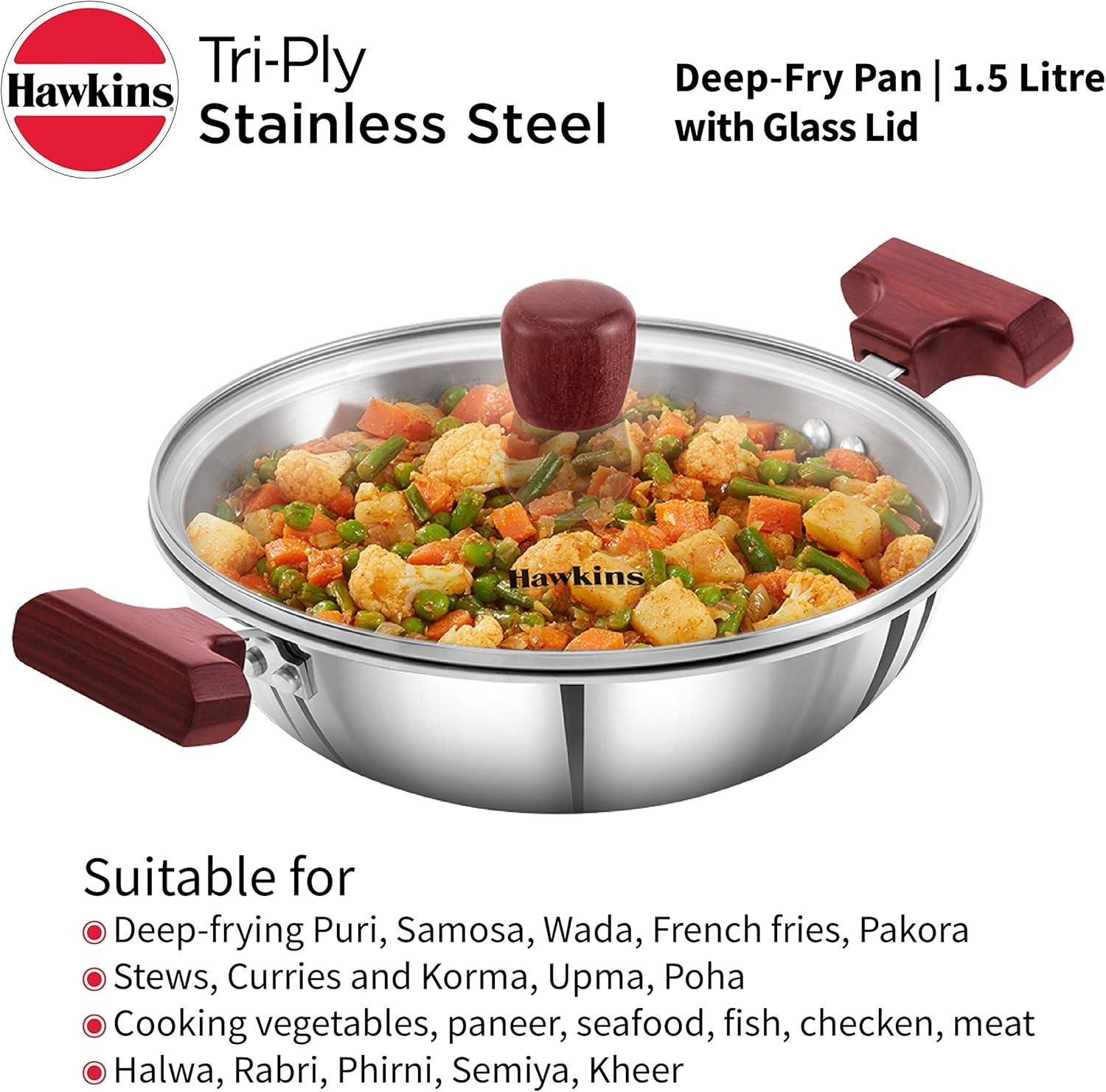 image:imageHawkins 15 Litre Deep Fry Pan Triply Stainless Steel Kadai with Glass Lid Flat Bottom Induction Kadhai Small Kadai Silver SSD15G