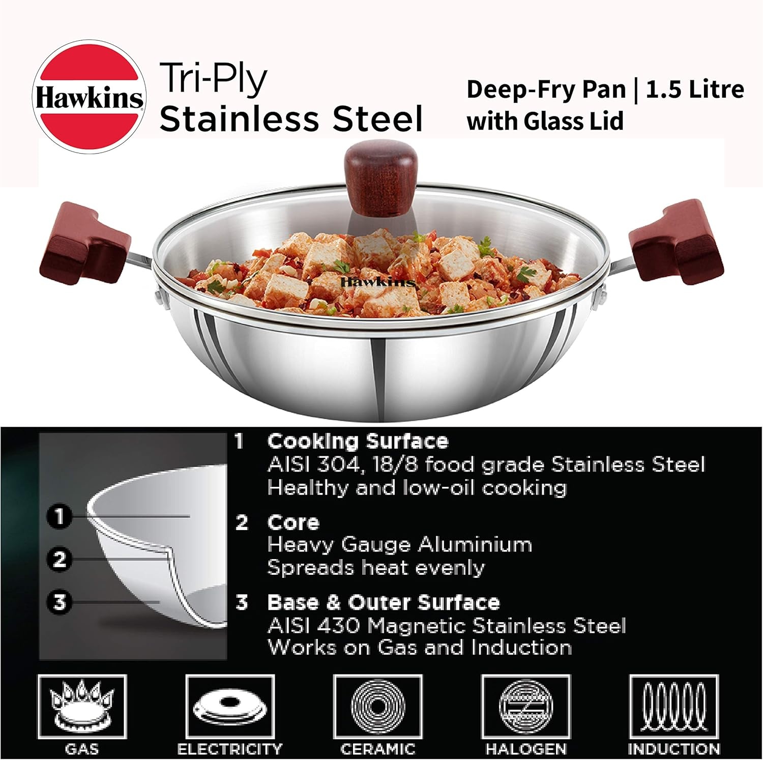 image:imageHawkins 15 Litre Deep Fry Pan Triply Stainless Steel Kadai with Glass Lid Flat Bottom Induction Kadhai Small Kadai Silver SSD15G