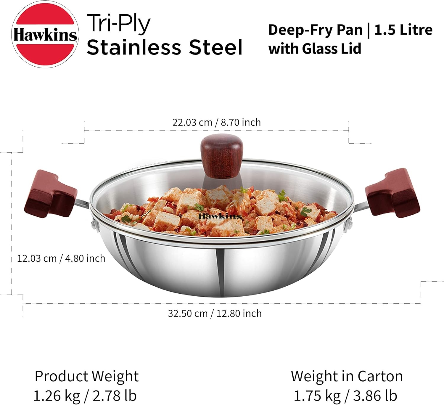 image:imageHawkins 15 Litre Deep Fry Pan Triply Stainless Steel Kadai with Glass Lid Flat Bottom Induction Kadhai Small Kadai Silver SSD15G