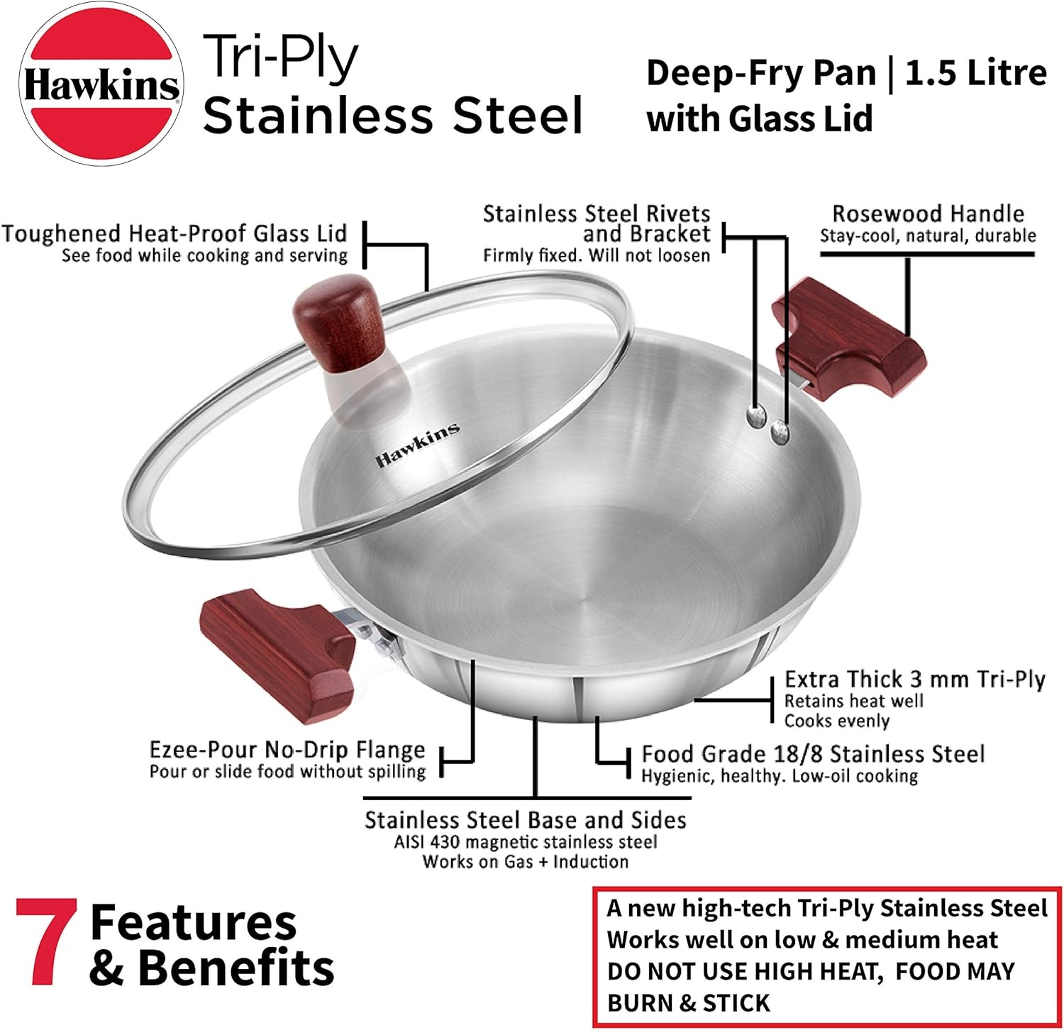 image:imageHawkins 15 Litre Deep Fry Pan Triply Stainless Steel Kadai with Glass Lid Flat Bottom Induction Kadhai Small Kadai Silver SSD15G