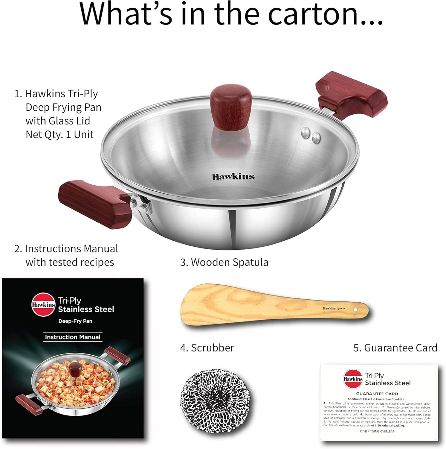 image:imageHawkins 15 Litre Deep Fry Pan Triply Stainless Steel Kadai with Glass Lid Flat Bottom Induction Kadhai Small Kadai Silver SSD15G