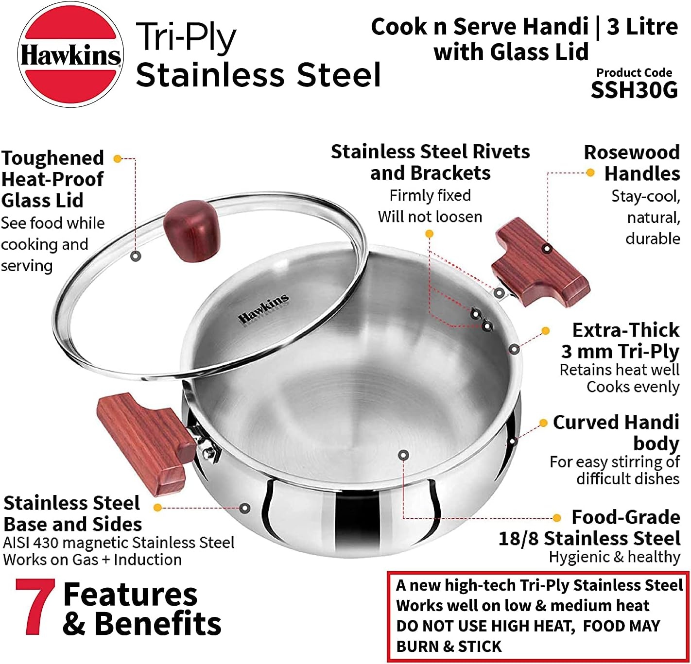 image:imageHawkins 2 Litre Cook n Serve Handi Triply Stainless Steel Handi with Glass Lid Induction Sauce Pan Biryani Handi Saucepan Silver SSH20G