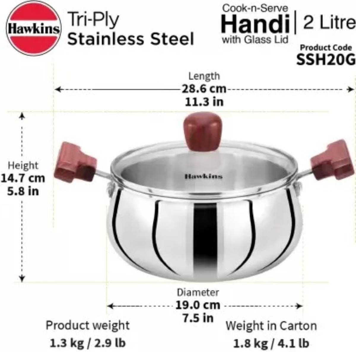 image:imageHawkins 2 Litre Cook n Serve Handi Triply Stainless Steel Handi with Glass Lid Induction Sauce Pan Biryani Handi Saucepan Silver SSH20G