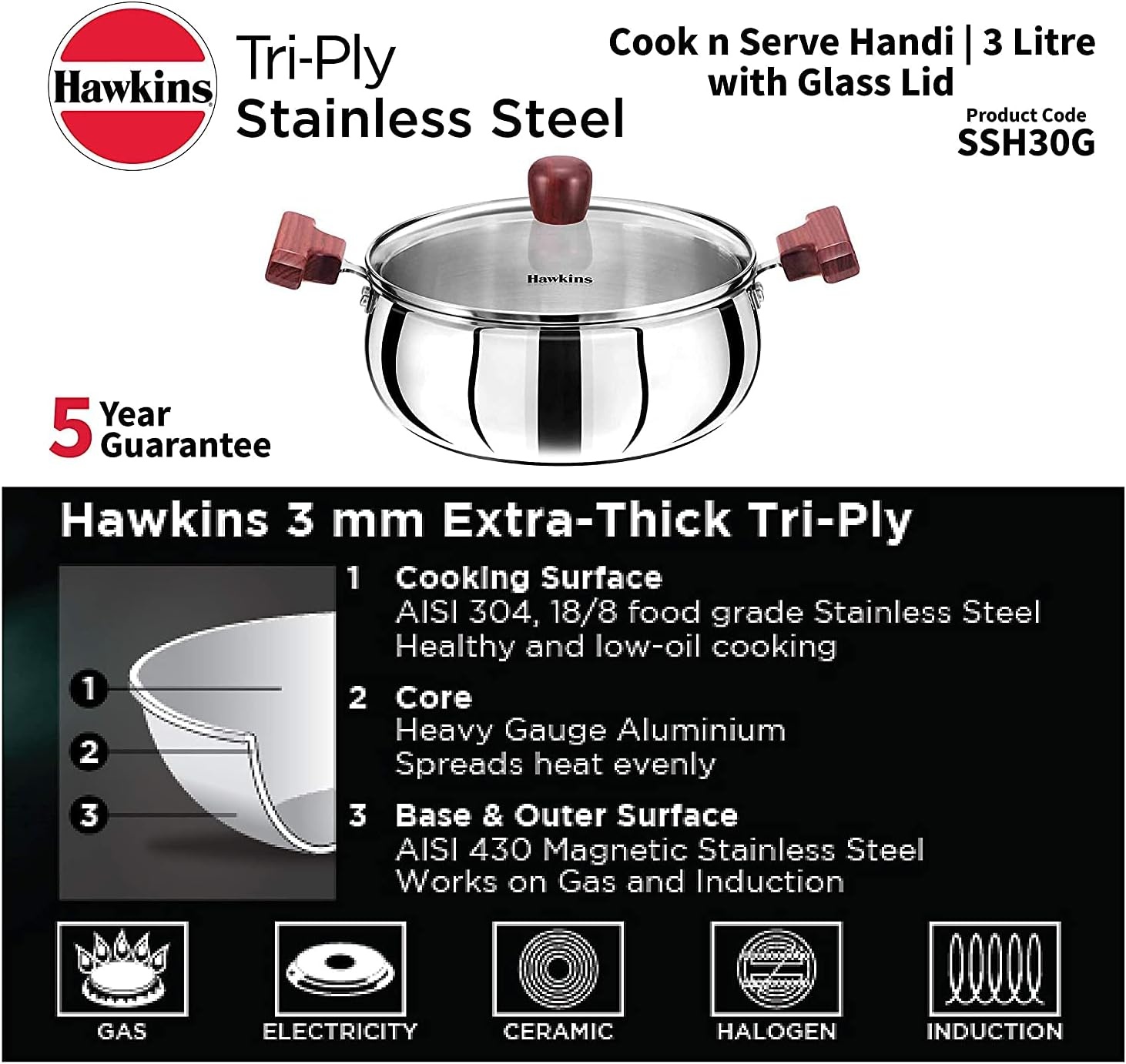 image:imageHawkins 2 Litre Cook n Serve Handi Triply Stainless Steel Handi with Glass Lid Induction Sauce Pan Biryani Handi Saucepan Silver SSH20G