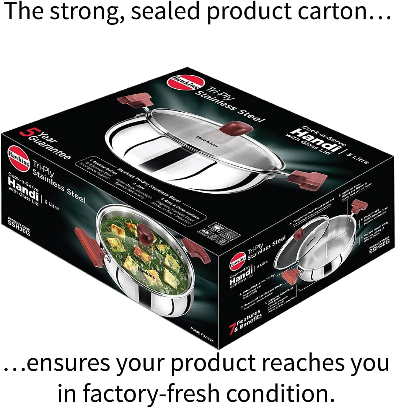 image:imageHawkins 2 Litre Cook n Serve Handi Triply Stainless Steel Handi with Glass Lid Induction Sauce Pan Biryani Handi Saucepan Silver SSH20G