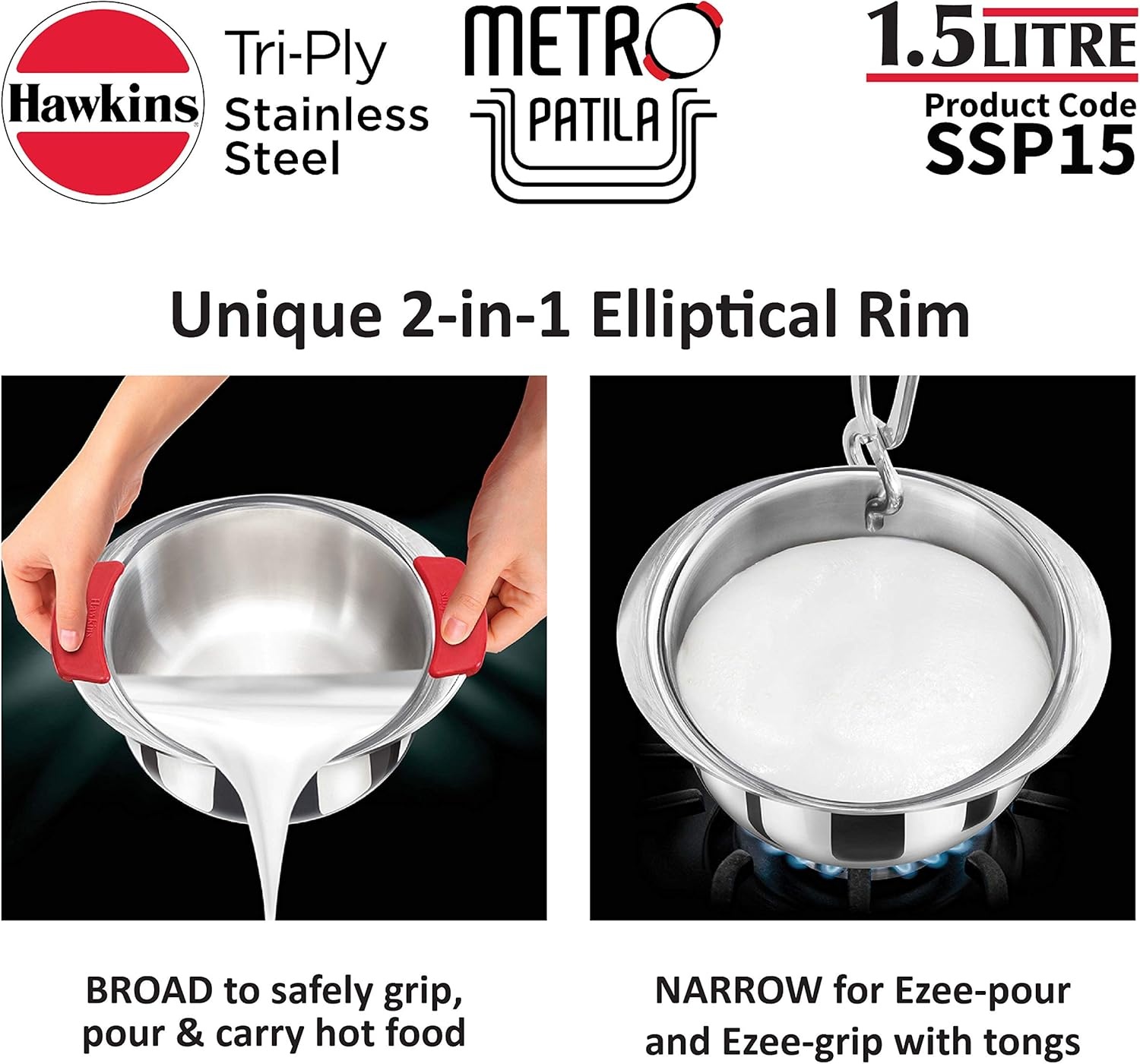 image:imageHawkins 2 Litre Metro Patila Triply Stainless Steel Tope Induction Bhagona Tapeli Silver SSP20Silver