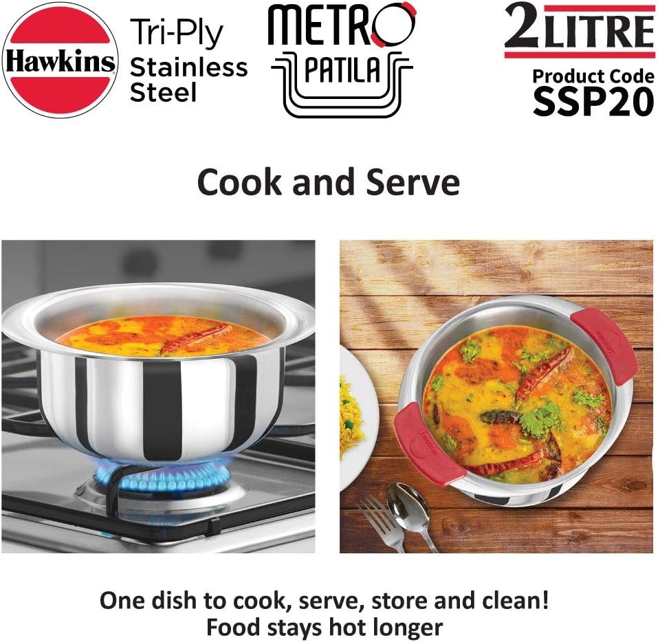 image:imageHawkins 2 Litre Metro Patila Triply Stainless Steel Tope Induction Bhagona Tapeli Silver SSP20Silver
