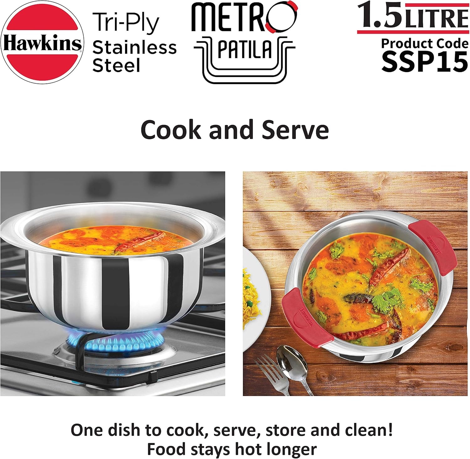 image:imageHawkins 2 Litre Metro Patila Triply Stainless Steel Tope Induction Bhagona Tapeli Silver SSP20Silver