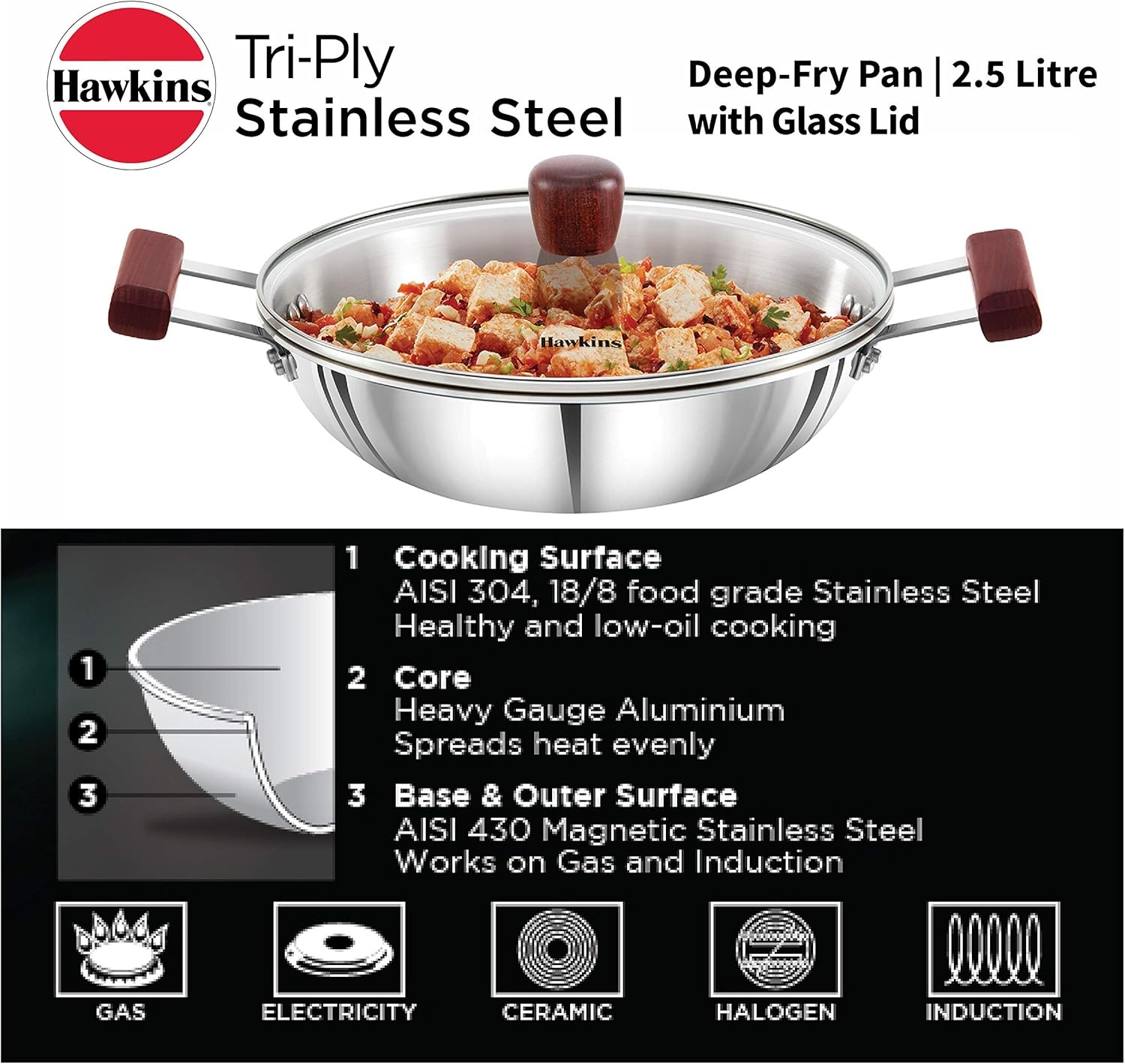 image:imageHawkins 25 Litre Deep Fry Pan Triply Stainless Steel Kadai with Glass Lid Flat Bottom Induction Kadhai Silver SSD25G