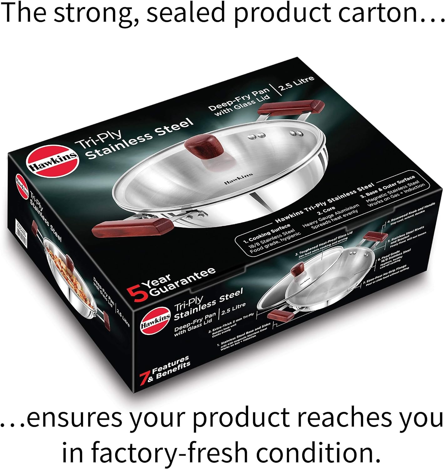 image:imageHawkins 25 Litre Deep Fry Pan Triply Stainless Steel Kadai with Glass Lid Flat Bottom Induction Kadhai Silver SSD25G
